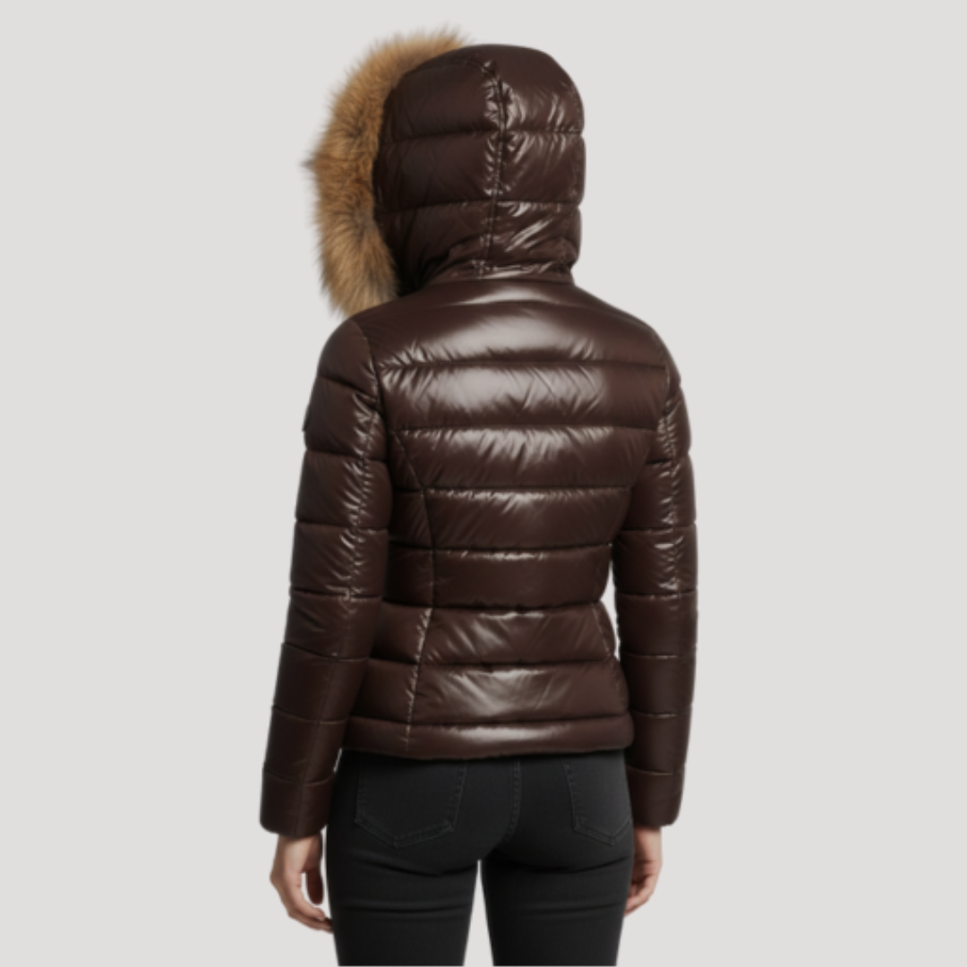 Mia | Stylish Hooded Fur Jacket with Glossy Puffer Finish