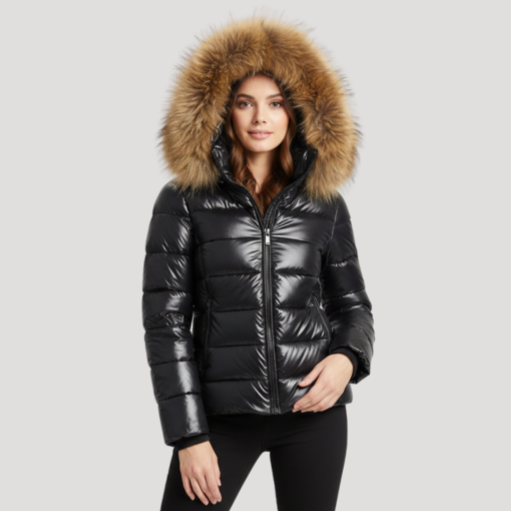 Mia | Stylish Hooded Fur Jacket with Glossy Puffer Finish