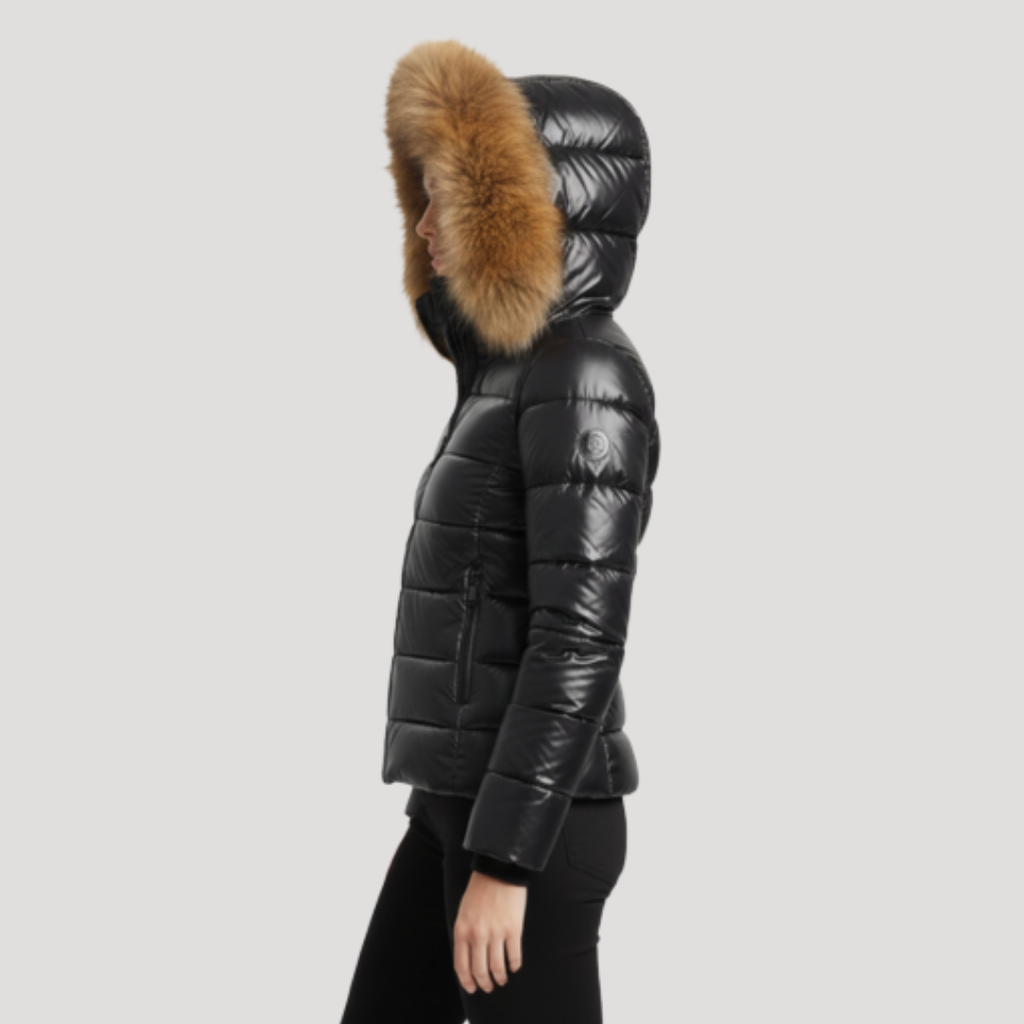Mia | Stylish Hooded Fur Jacket with Glossy Puffer Finish
