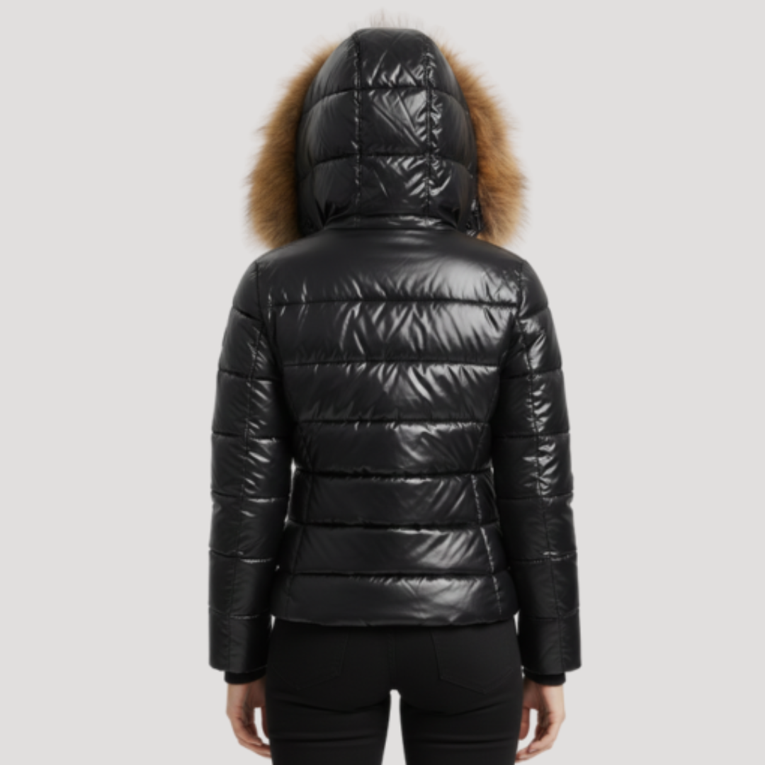Mia | Stylish Hooded Fur Jacket with Glossy Puffer Finish