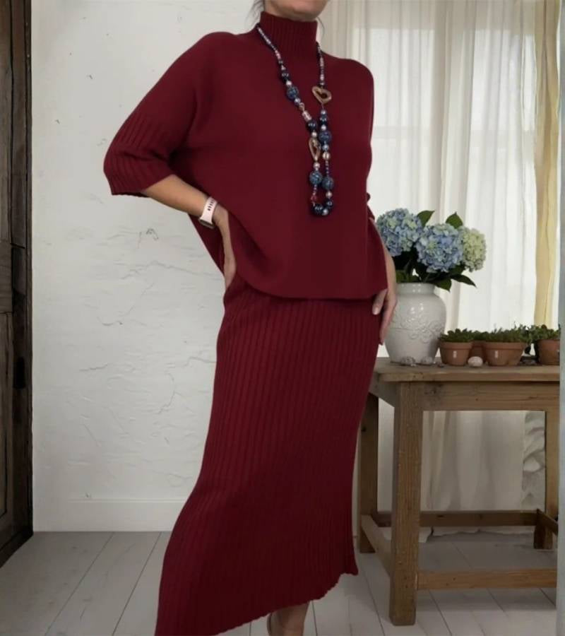 Mila | Stylish Knitted Jumper and Ribbed Midi Skirt Set