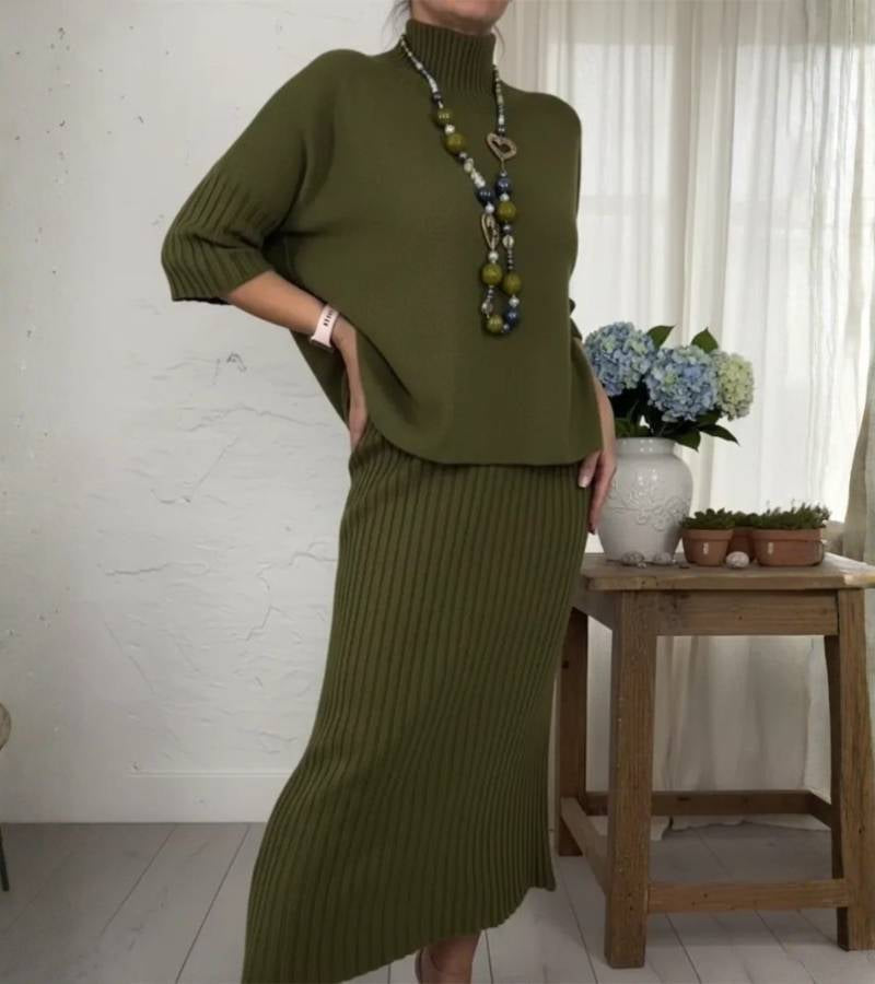Mila | Stylish Knitted Jumper and Ribbed Midi Skirt Set