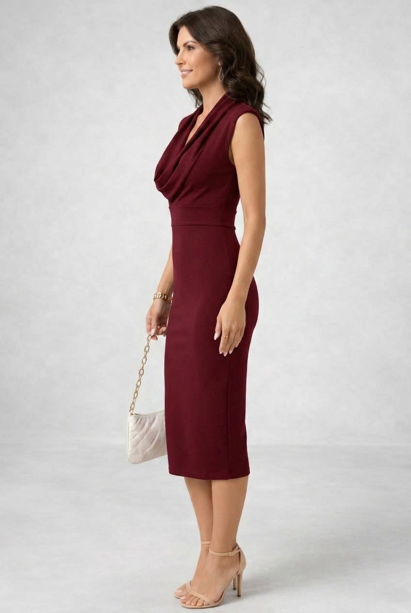 Nellie | Classic Cowl Neck Bodycon Midi Party Dress