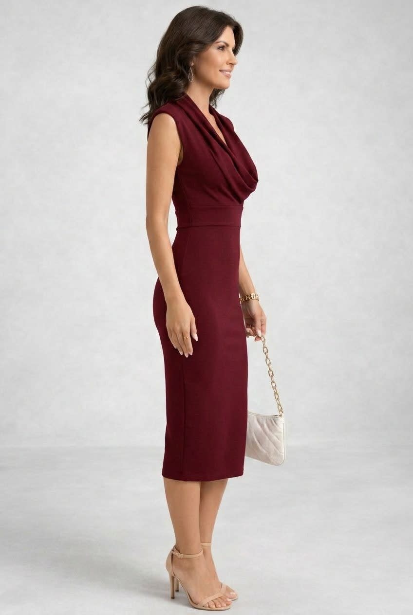 Nellie | Classic Cowl Neck Bodycon Midi Party Dress