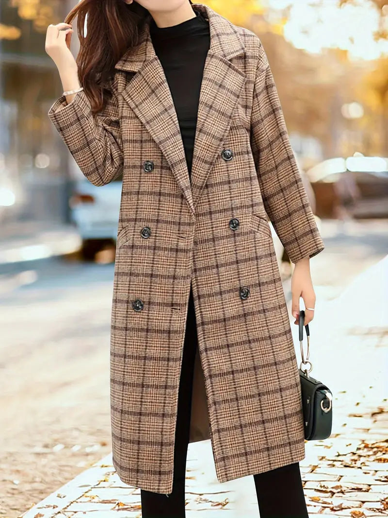 Nellie | Elegant Plaid Double-Breasted Long Jacket