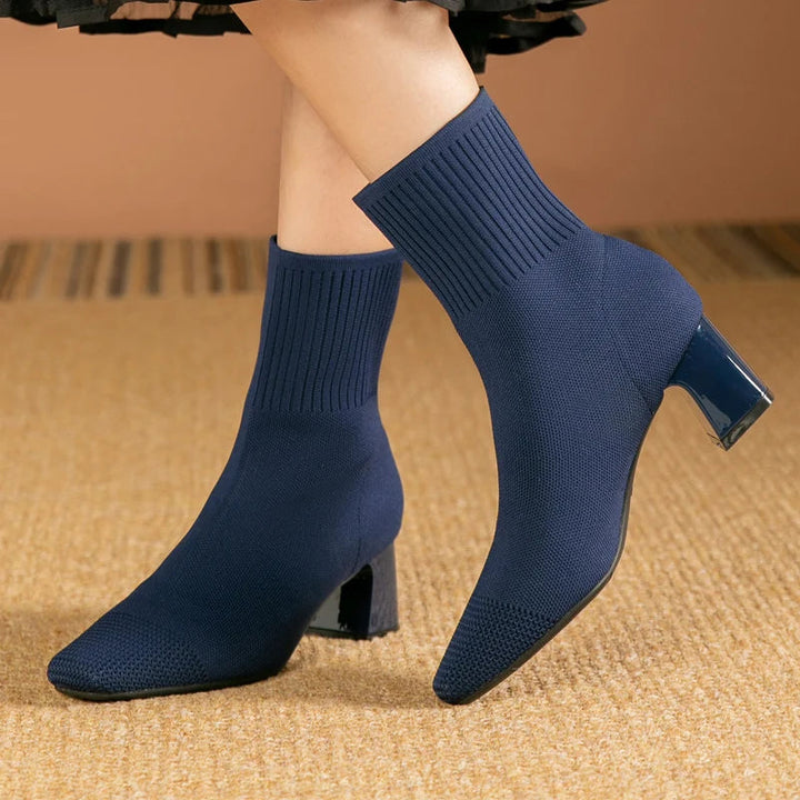 Nellie | Polished Ribbed Block Heel Sock Ankle Boots