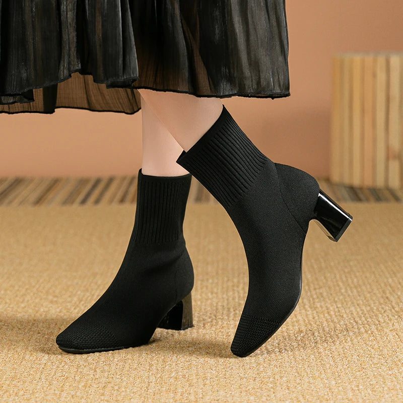 Nellie | Polished Ribbed Block Heel Sock Ankle Boots