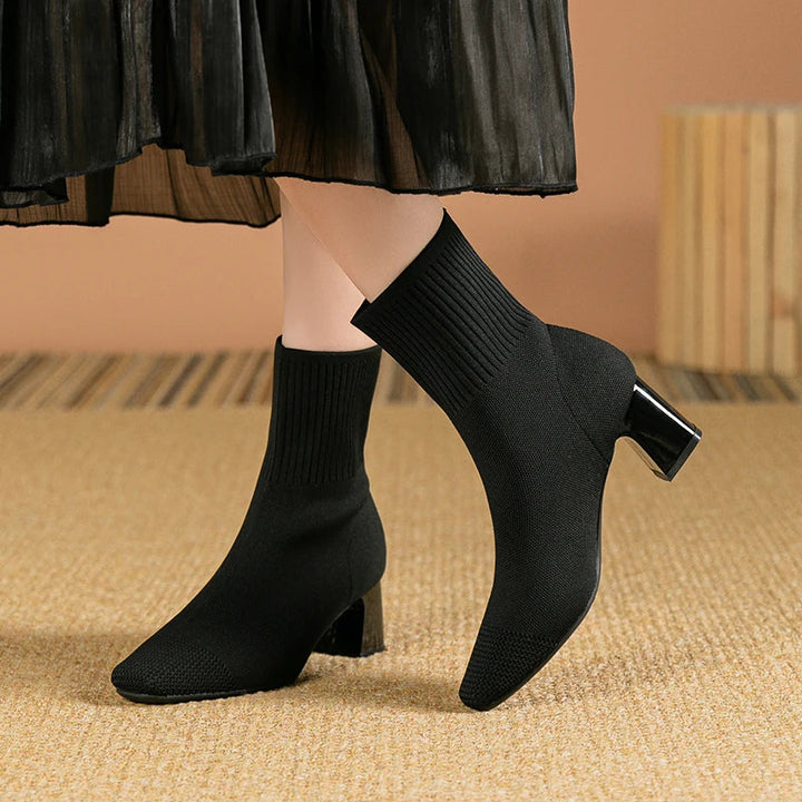 Nellie | Polished Ribbed Block Heel Sock Ankle Boots