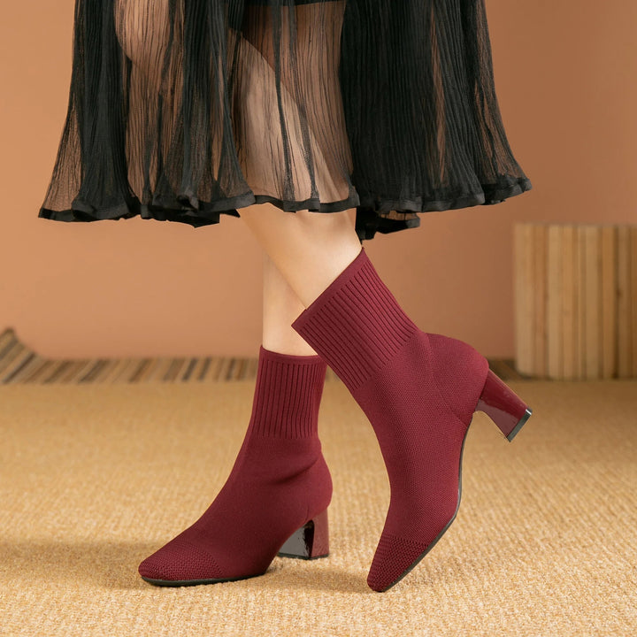 Nellie | Polished Ribbed Block Heel Sock Ankle Boots