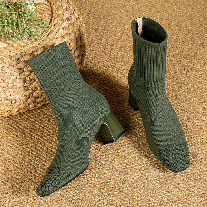 Nellie | Polished Ribbed Block Heel Sock Ankle Boots