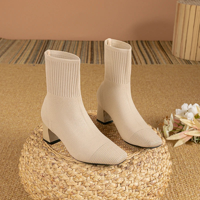 Nellie | Polished Ribbed Block Heel Sock Ankle Boots