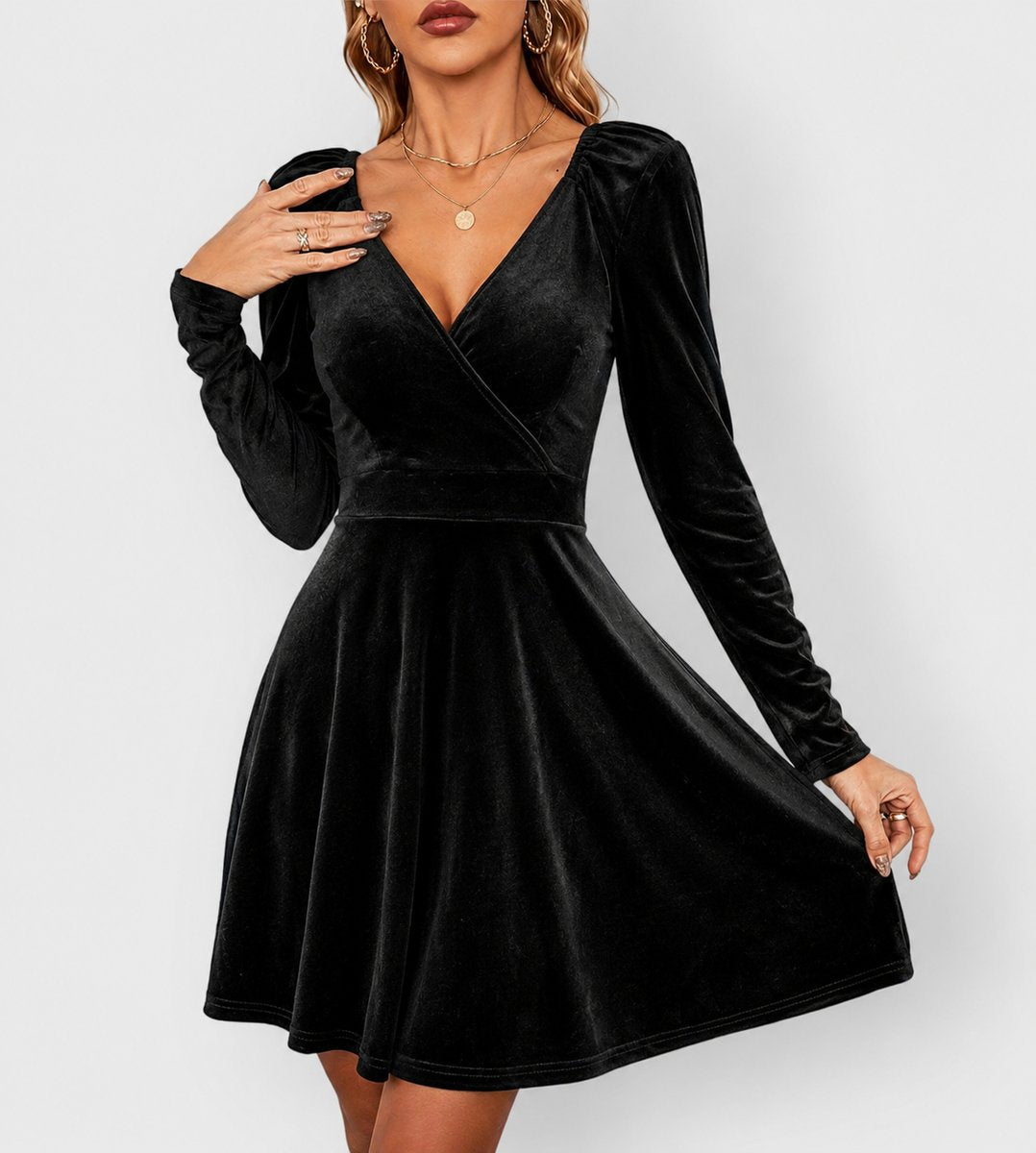 Nora | Polished Deep V-Neck Christmas Dress with Long Sleeves