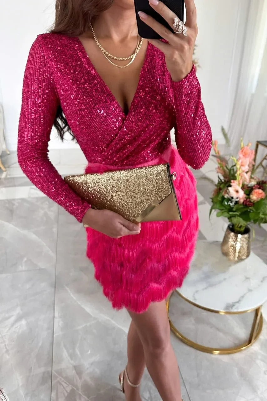 Olivia | Timeless Sequin Feather Mini Dress with Long Sleeves