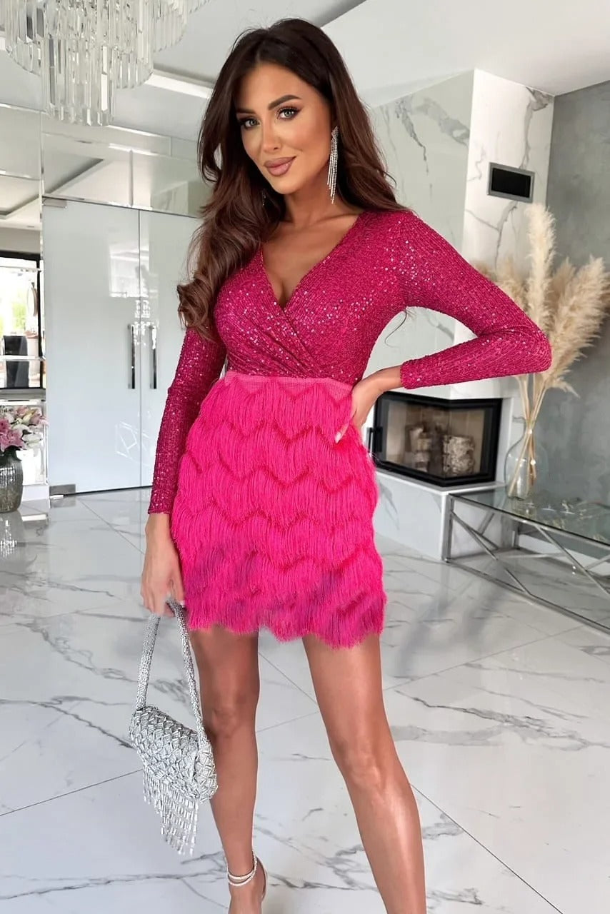 Olivia | Timeless Sequin Feather Mini Dress with Long Sleeves