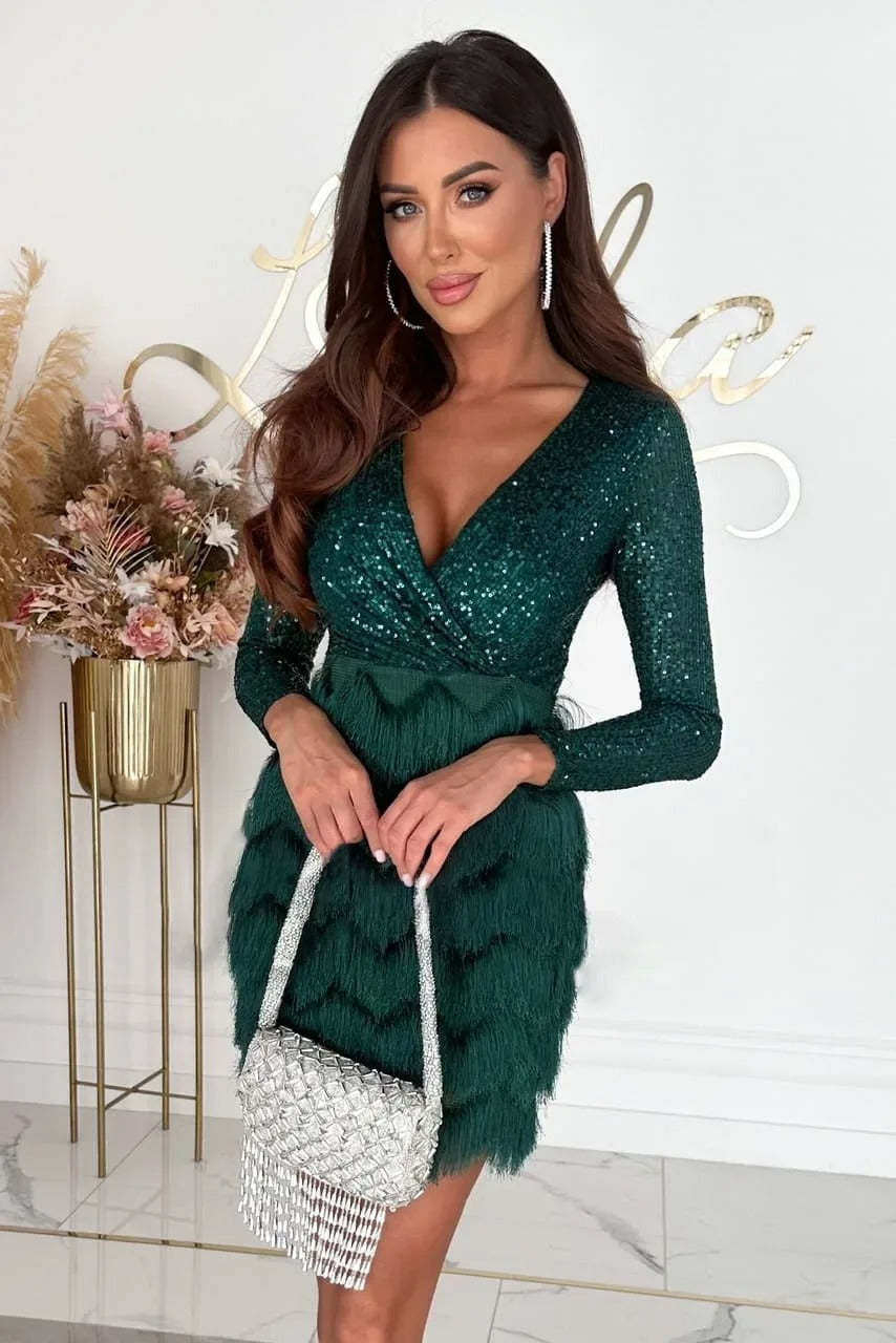 Olivia | Timeless Sequin Feather Mini Dress with Long Sleeves