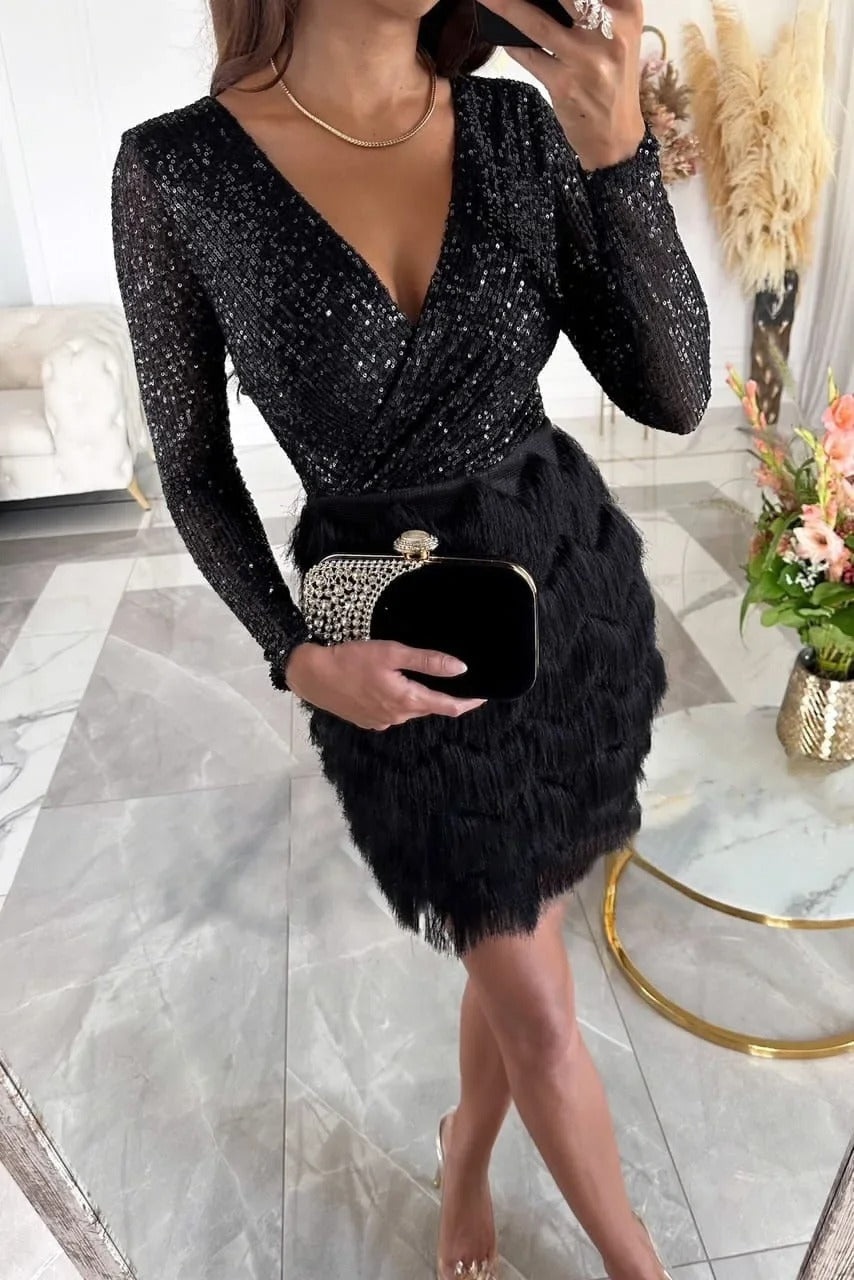 Olivia | Timeless Sequin Feather Mini Dress with Long Sleeves