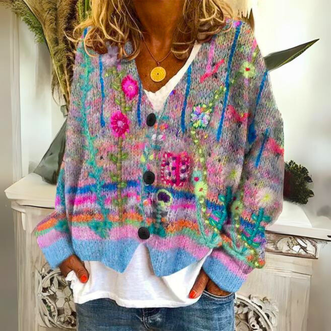 Raya | Chic Floral V-Neck Button-Through Knit Cardigan