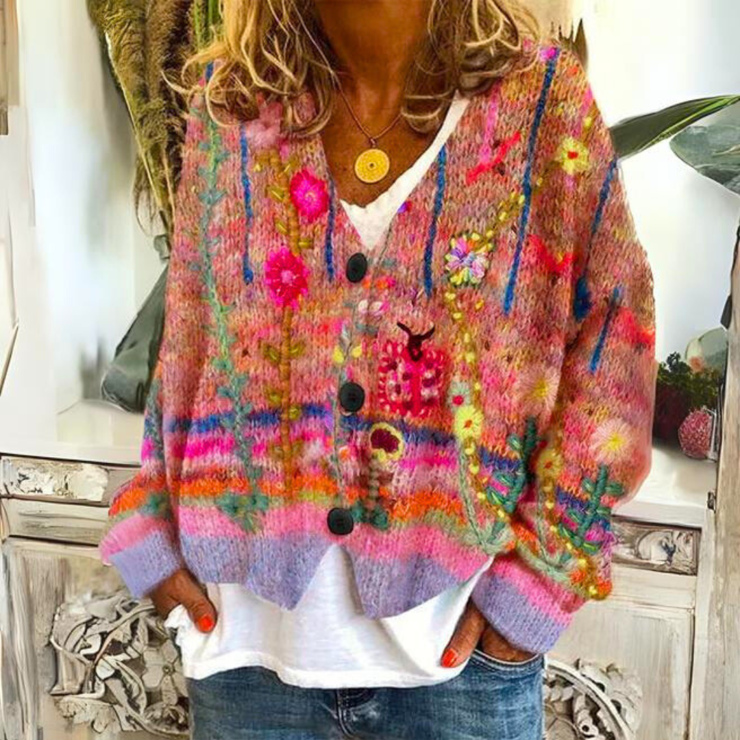 Raya | Chic Floral V-Neck Button-Through Knit Cardigan