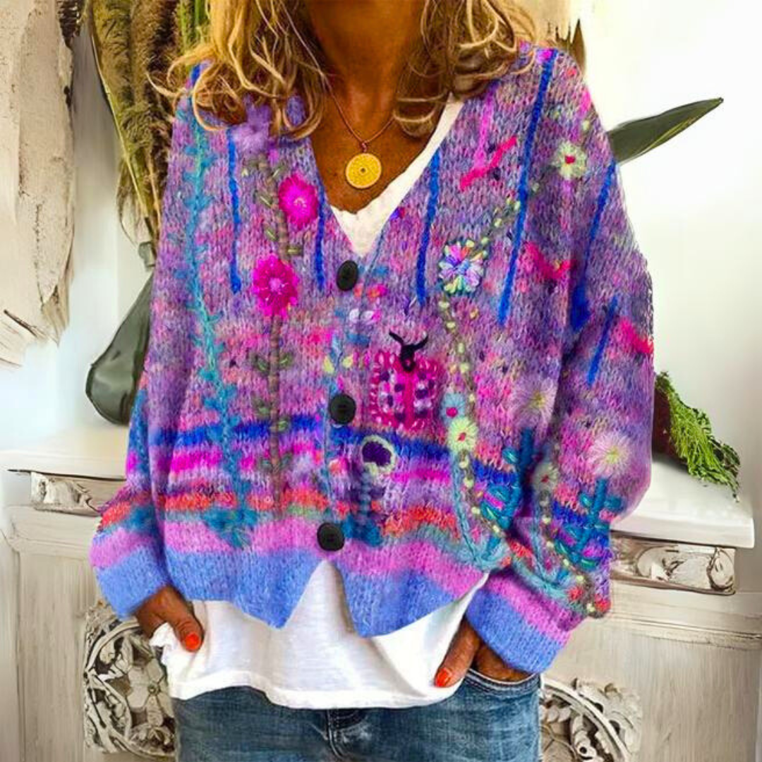 Raya | Chic Floral V-Neck Button-Through Knit Cardigan