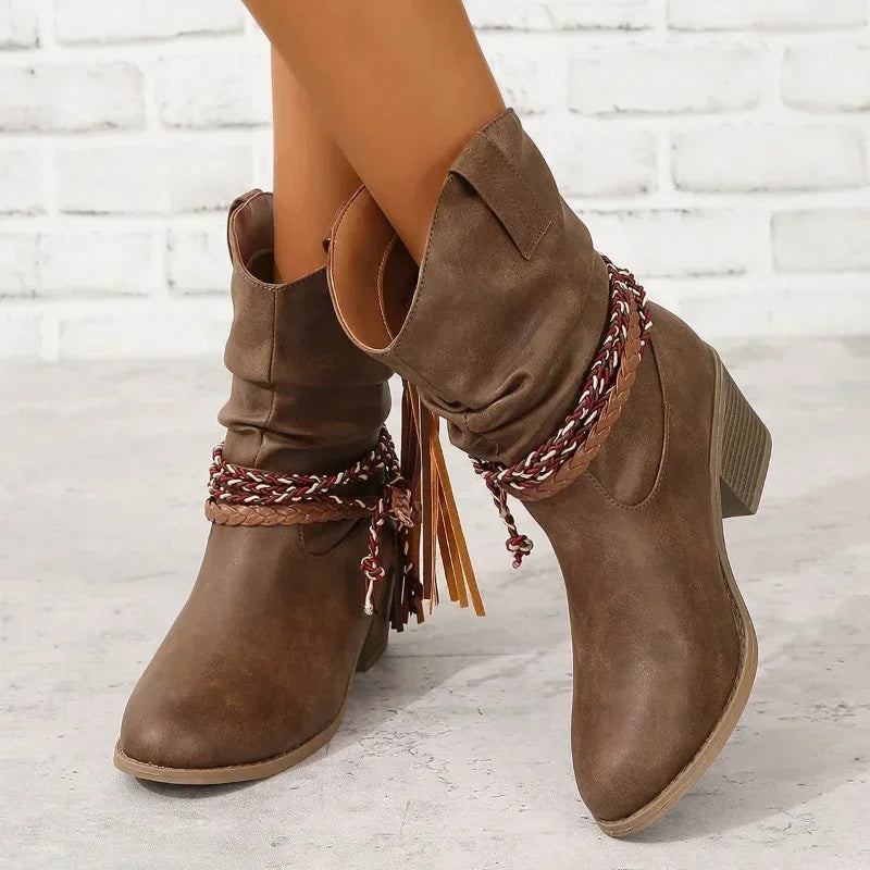Rose | Braided Block Heel Ankle Cowboy Boots