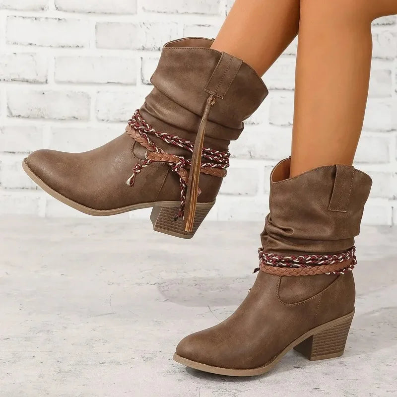 Rose | Braided Block Heel Ankle Cowboy Boots