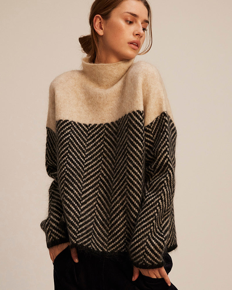 Rose | Elegant Herringbone Oversized Roll Neck Jumper