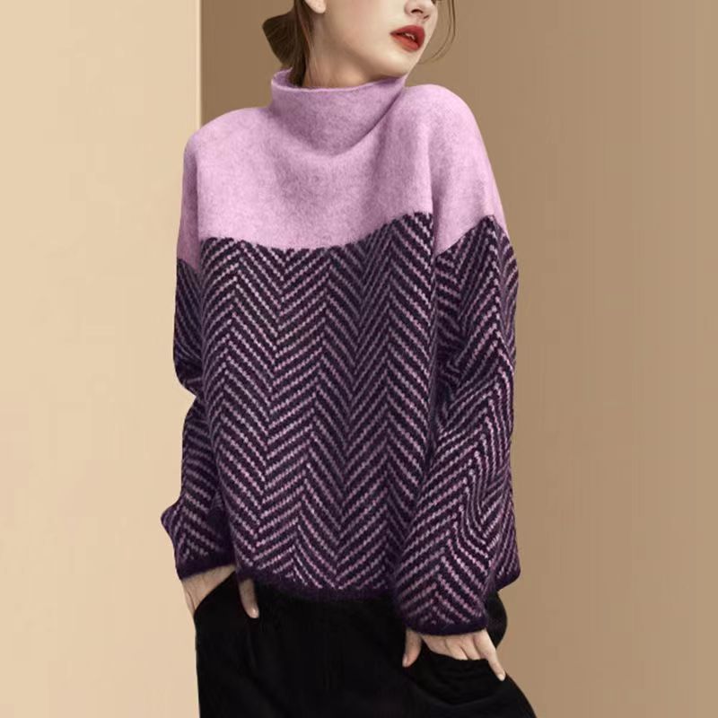 Rose | Elegant Herringbone Oversized Roll Neck Jumper