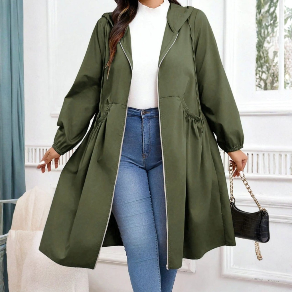 Rosie | Elegant Plus Size Hooded Longline Coat with Drawstring Waist