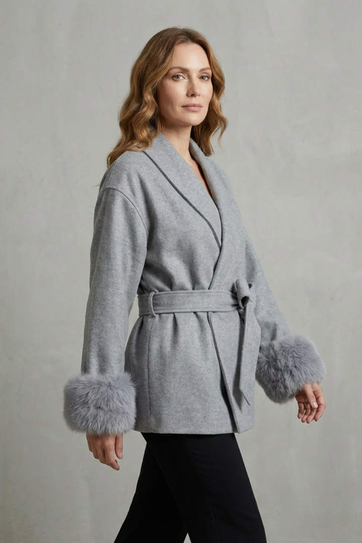 Ruby | Chic Belted Wrap Womens Coats with Faux Fur Cuffs