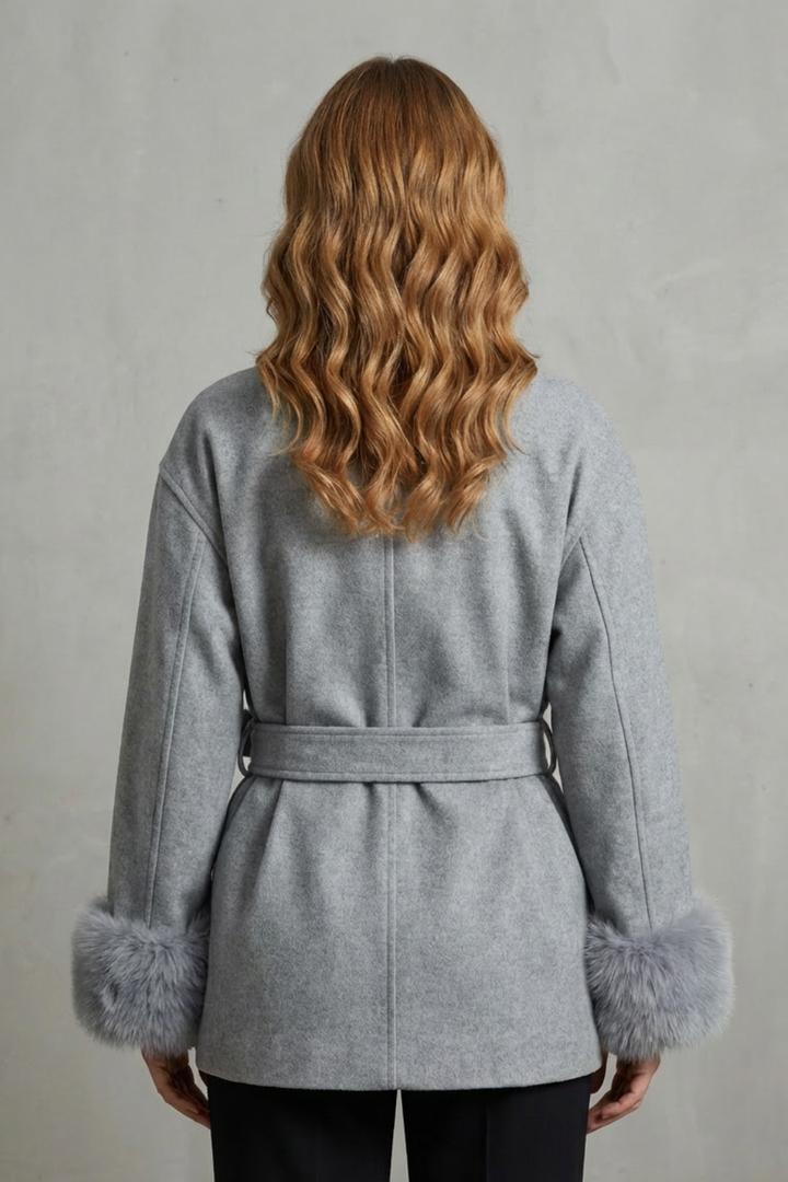 Ruby | Chic Belted Wrap Womens Coats with Faux Fur Cuffs