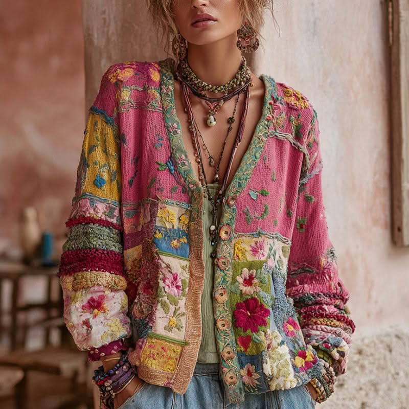 Sara | Floral Patchwork V-Neck Knitted Cardigan