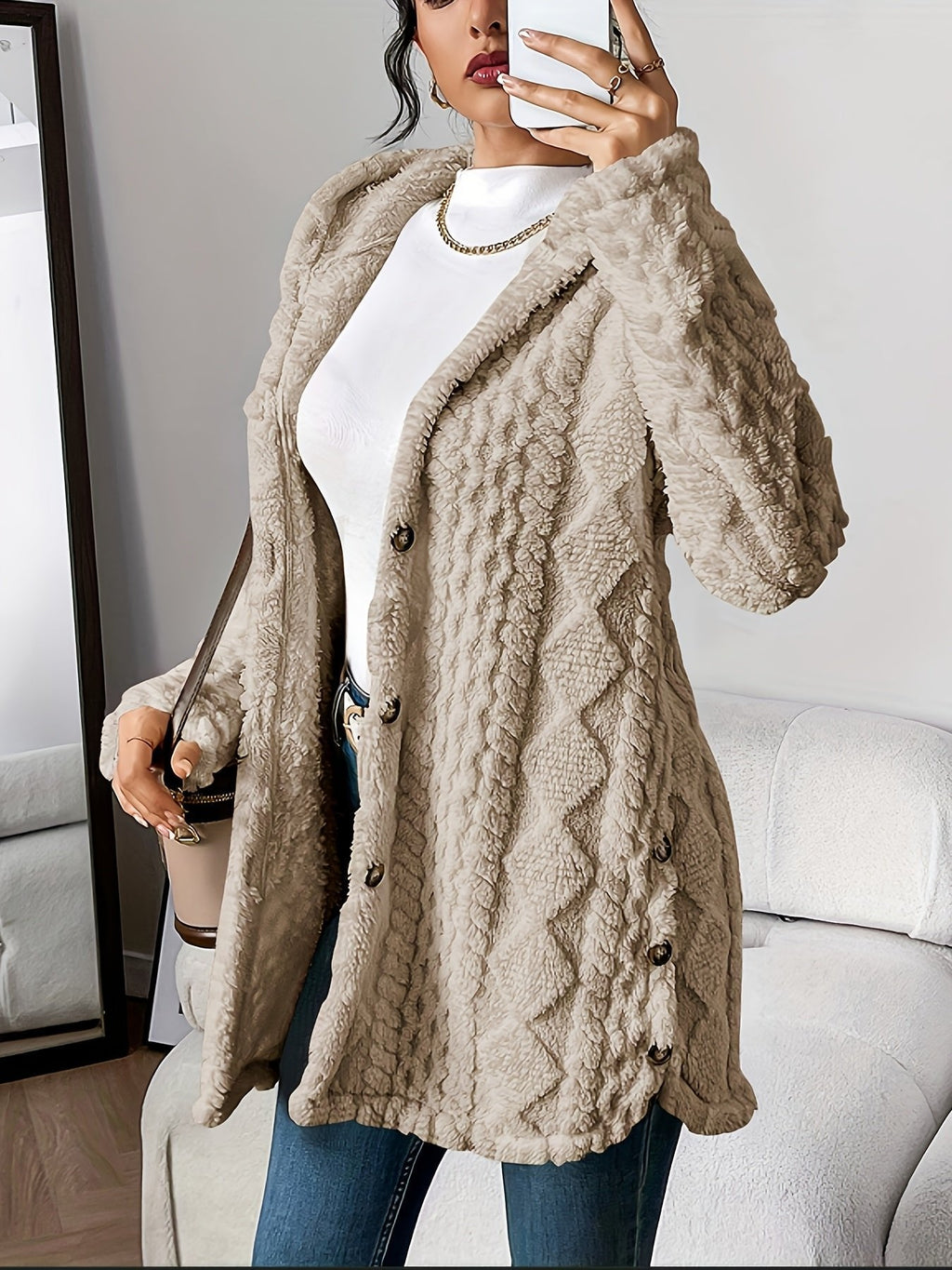 Sara | Polished Textured Longline Hoodie Cardigan