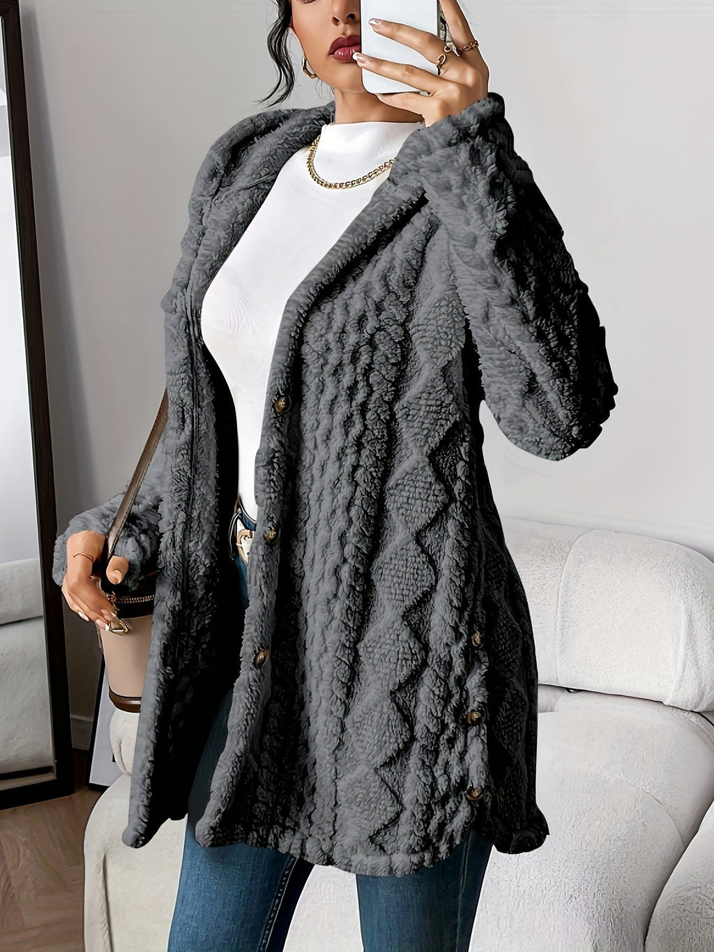 Sara | Polished Textured Longline Hoodie Cardigan