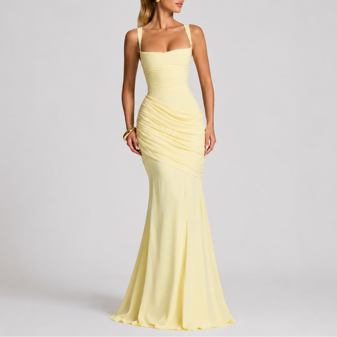 Sara | Stylish Ruched Square Neck Christmas Dress