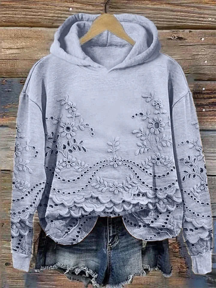 Scarlett | Relaxed Floral Embroidered Scalloped Hem Hoodie