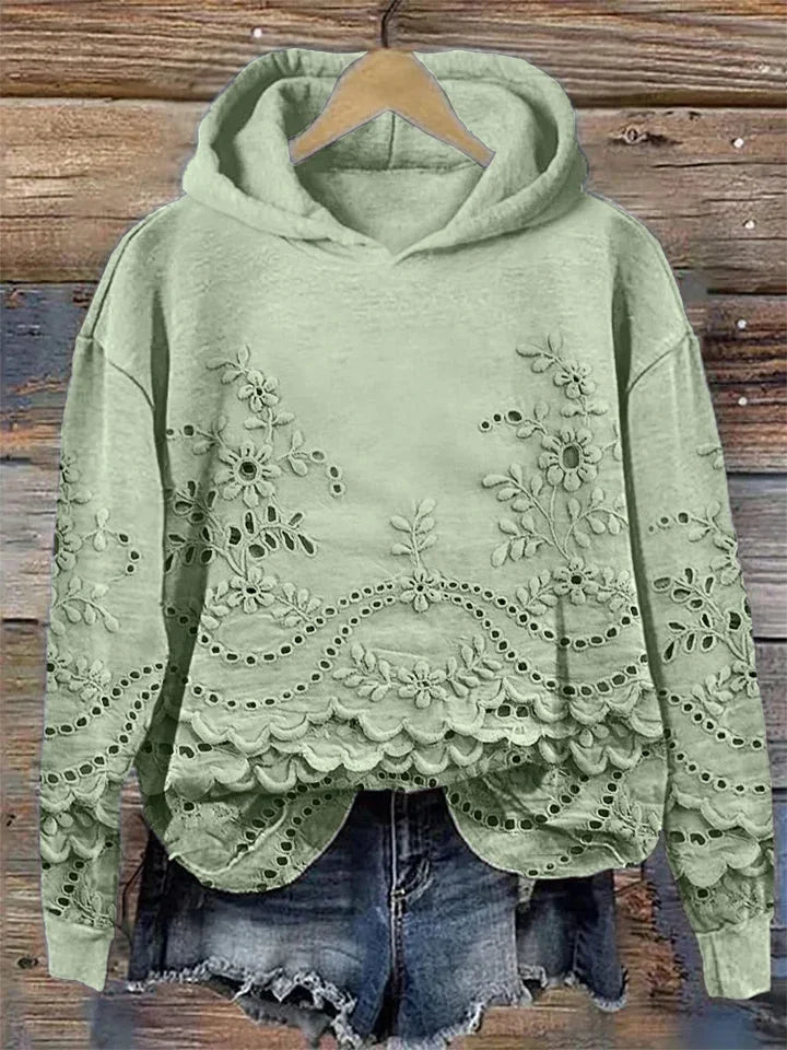 Scarlett | Relaxed Floral Embroidered Scalloped Hem Hoodie