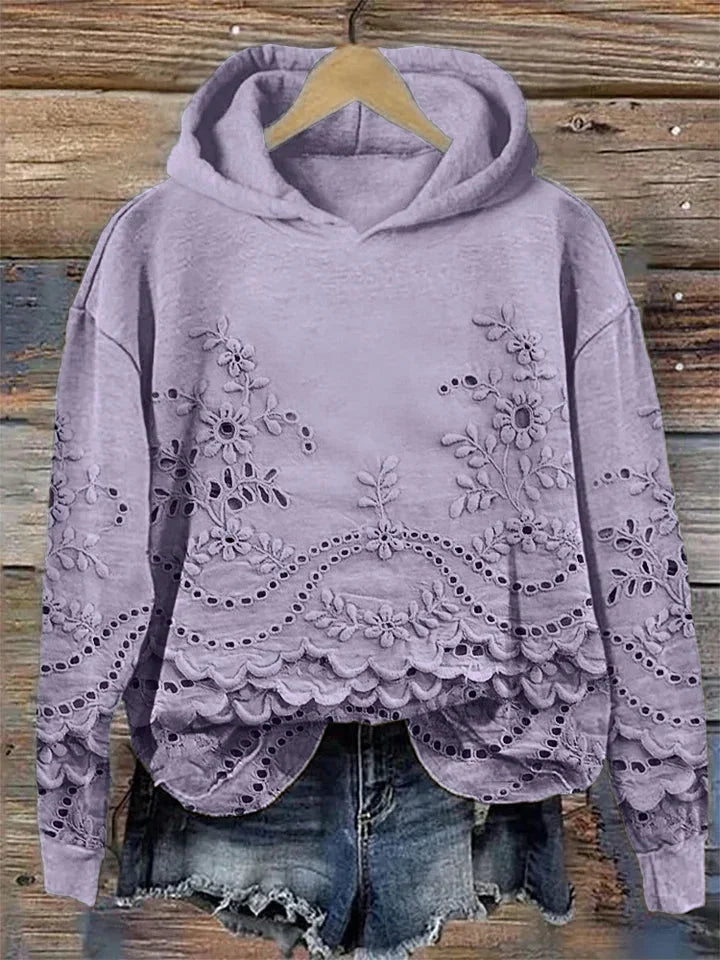 Scarlett | Relaxed Floral Embroidered Scalloped Hem Hoodie