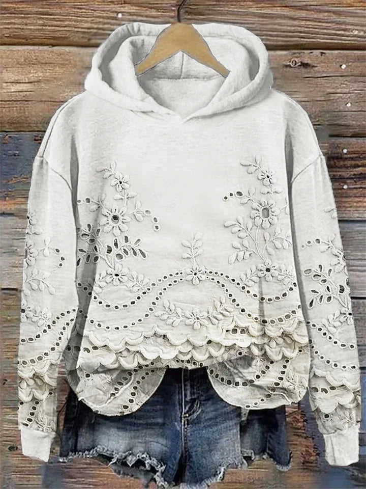 Scarlett | Relaxed Floral Embroidered Scalloped Hem Hoodie