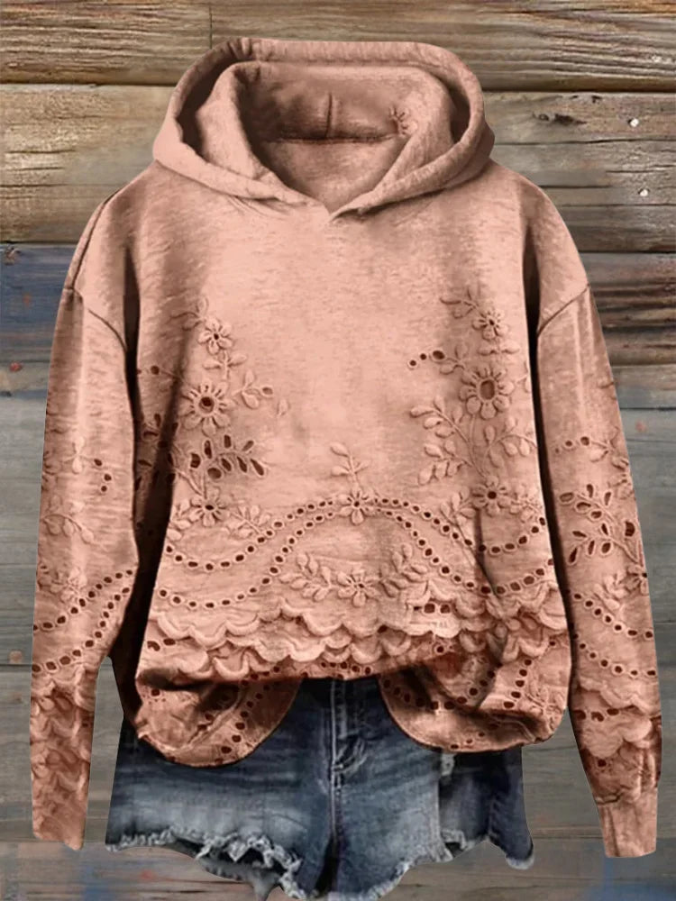 Scarlett | Relaxed Floral Embroidered Scalloped Hem Hoodie