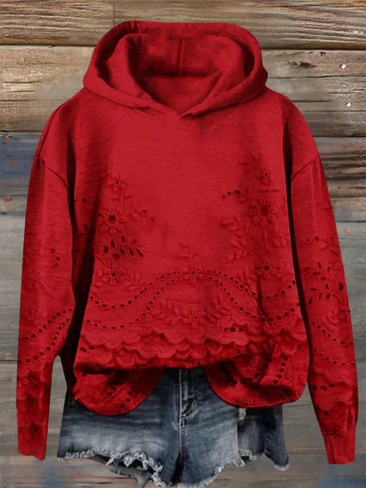 Scarlett | Relaxed Floral Embroidered Scalloped Hem Hoodie