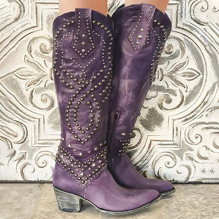 Scarlett | Studded Knee High Heeled Cowboy Boots