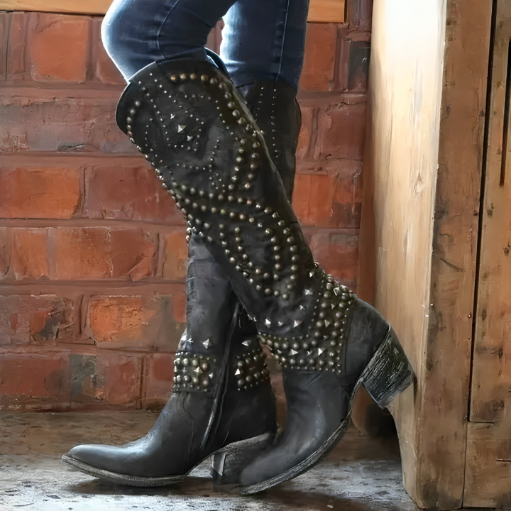 Scarlett | Studded Knee High Heeled Cowboy Boots