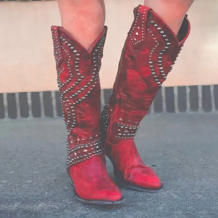 Scarlett | Studded Knee High Heeled Cowboy Boots