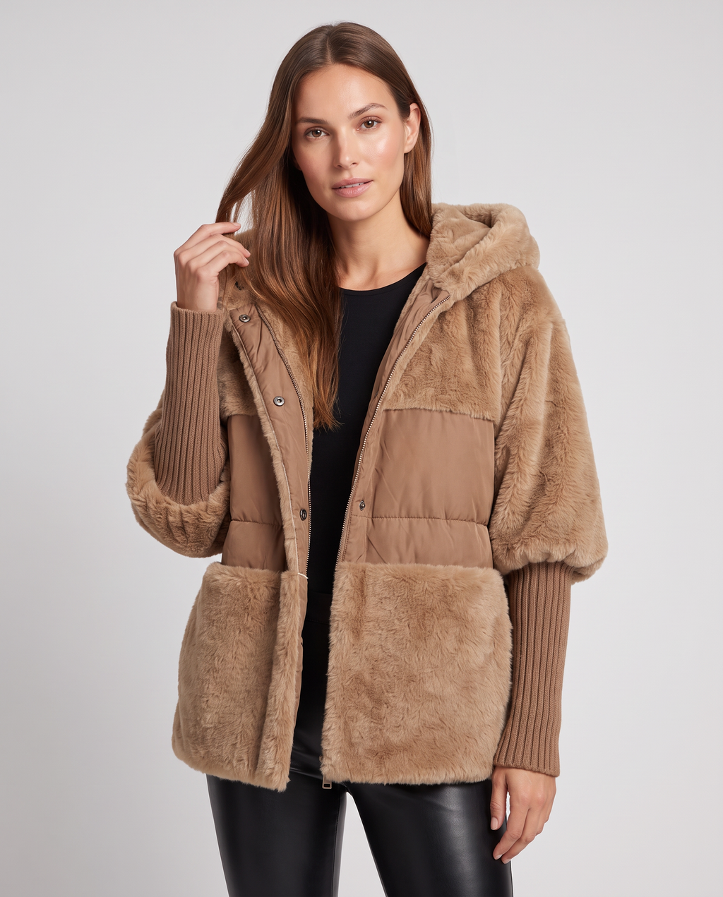Scarlett | Timeless Hooded Fur Jacket with Ribbed Sleeves