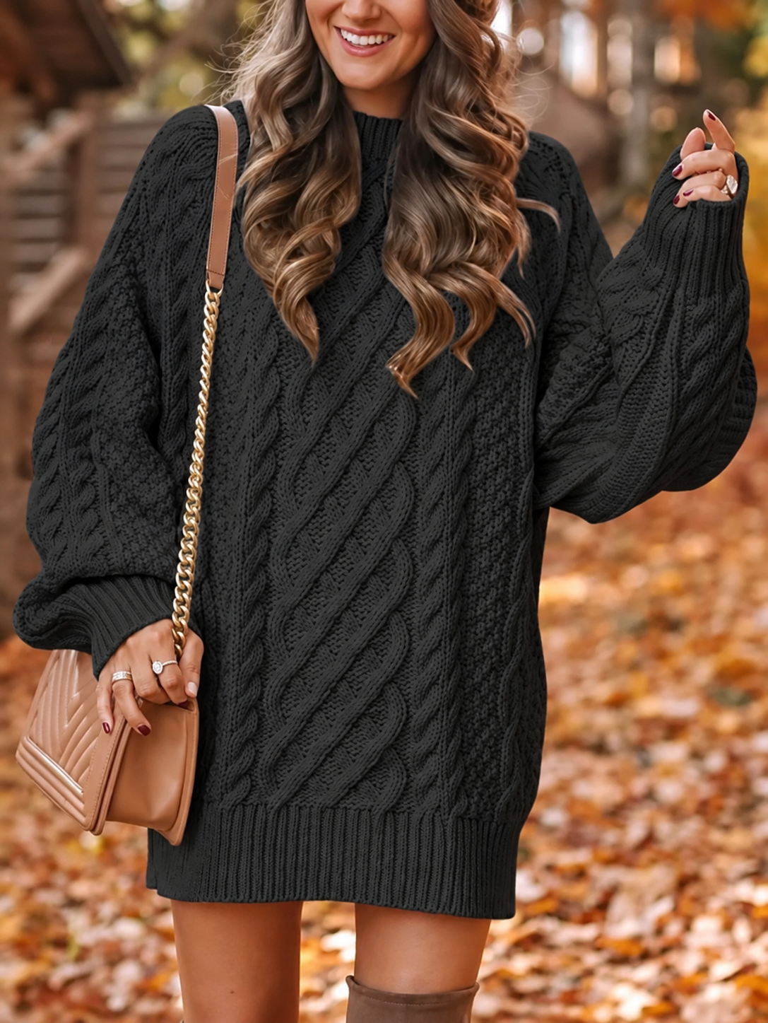 Sienna | Refined Oversized Cable Knit Winter Dress with Puff Sleeves