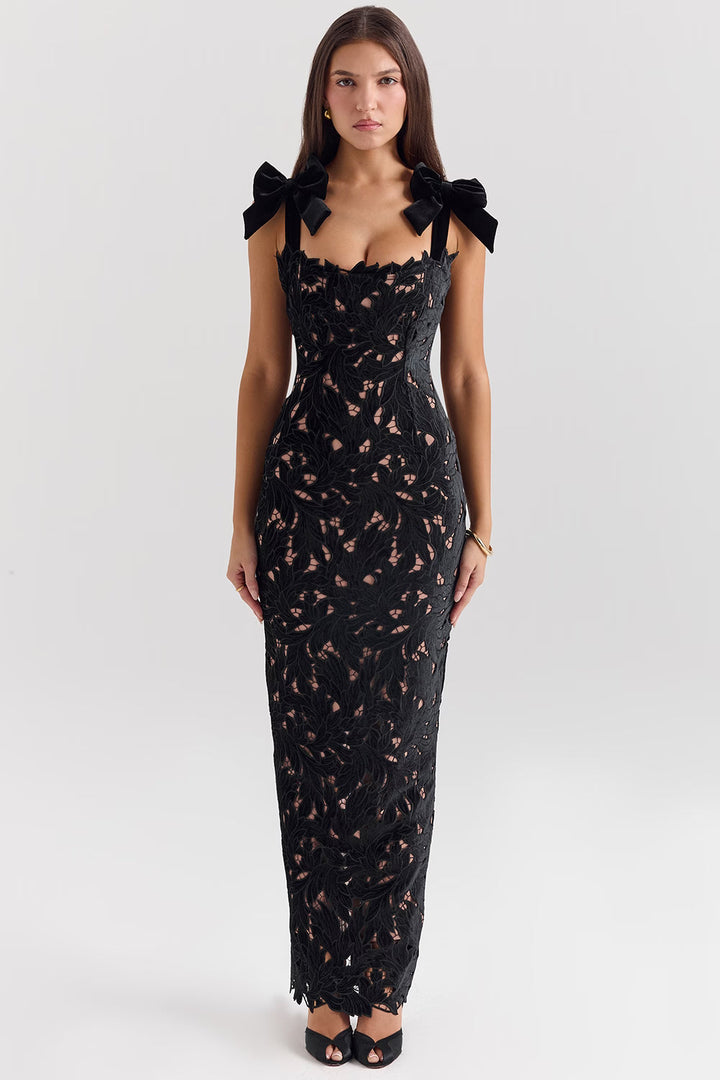 Sofia | Floral Lace Maxi Christmas Dress with Velvet Bow Straps