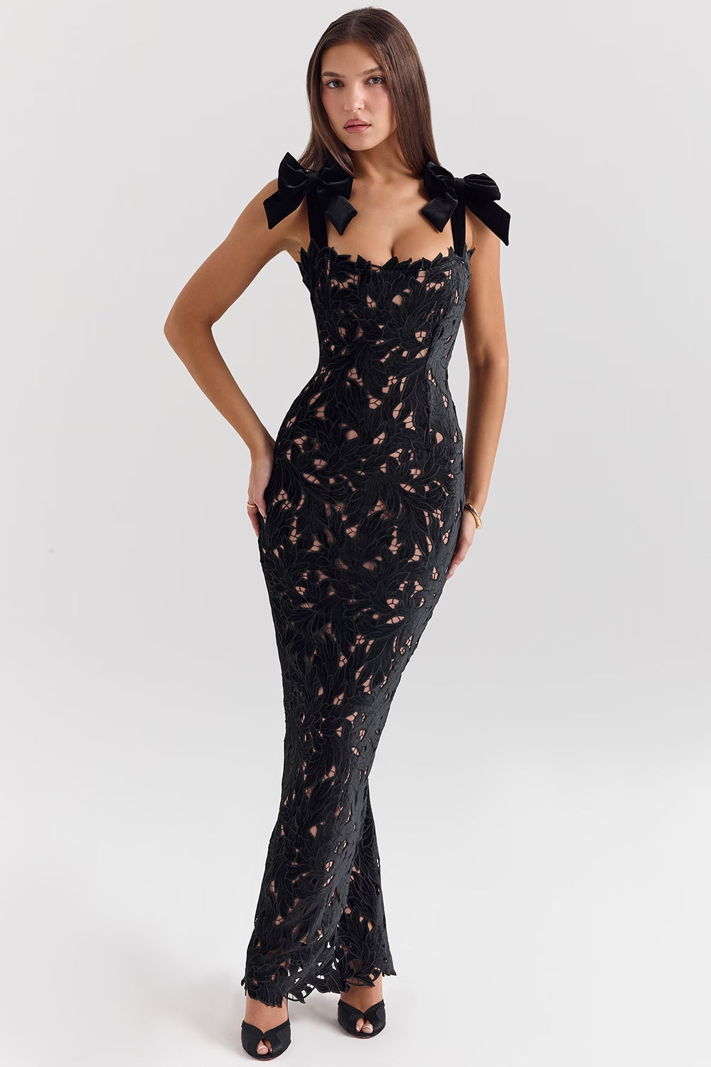 Sofia | Floral Lace Maxi Christmas Dress with Velvet Bow Straps