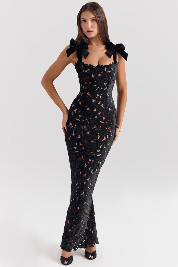Sofia | Floral Lace Maxi Christmas Dress with Velvet Bow Straps