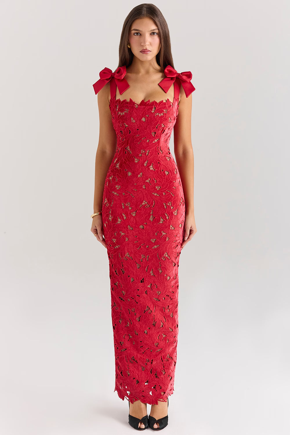 Sofia | Floral Lace Maxi Christmas Dress with Velvet Bow Straps