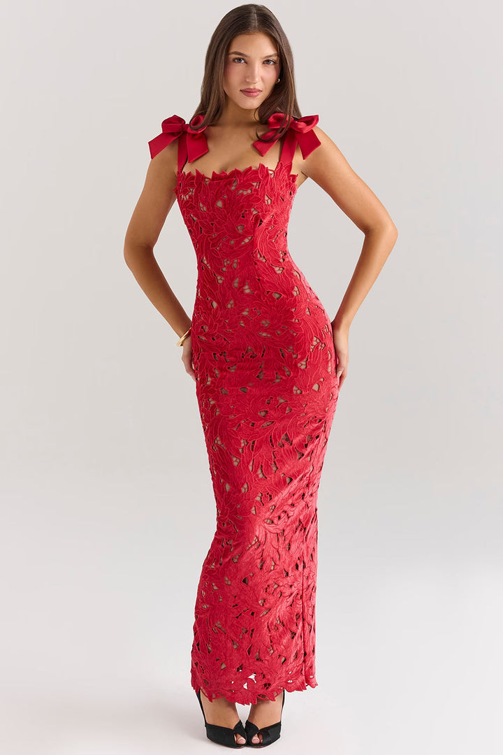Sofia | Floral Lace Maxi Christmas Dress with Velvet Bow Straps